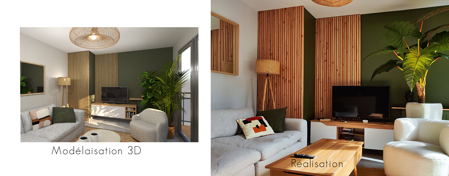 modélisation 3D pour se projeter dans la futur décoration de votre intérieur. salon décoration nature